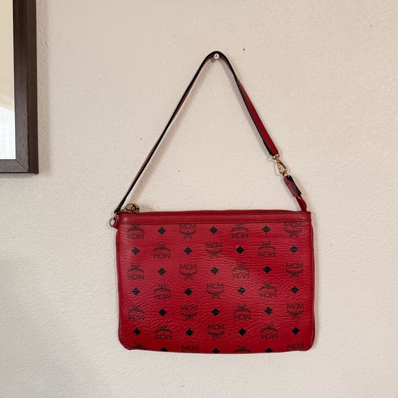 Mcm Red Visetos Coated Canvas Liz Pouch Shoulder Bag - Picture 2 of 13
